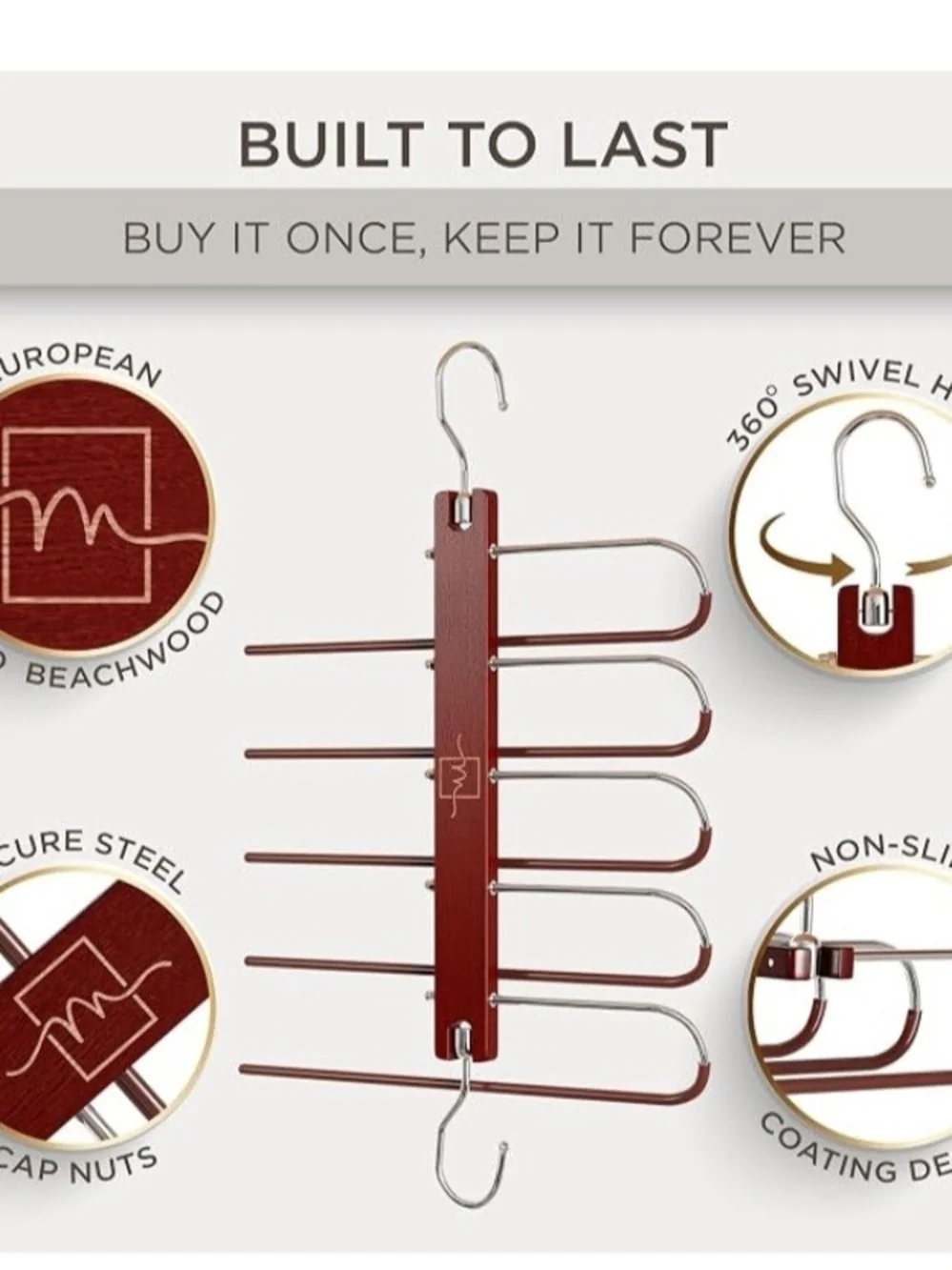 Space-Saving Pant Hanger in Natural And Bronze Closet Organizer Wood Metal